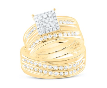 14kt Yellow Gold His Hers Round Diamond Square Matching Wedding Set 3/4 Cttw