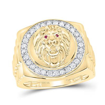 GND Men's Big Look Rings 10K YELLOW GOLD ROUND DIAMOND LION FACE CIRCLE RING 1/2 CTTW