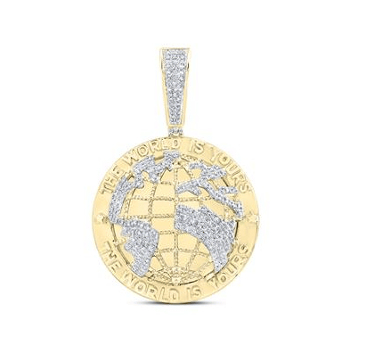GND Men's Diamond Charm Pendant 10kt Yellow Gold Mens 7/8CTW-NAT DIA NK "THE WORLD IS YOURS" MENS CHARM