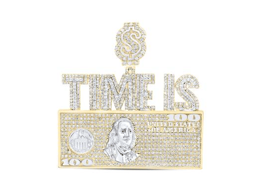 GND Men's Diamond Charm Pendant 10kt Yellow Gold Mens Diamond 2 1/3CTW-NAT DIA NK "TIME IS MONEY" MENS CHARM