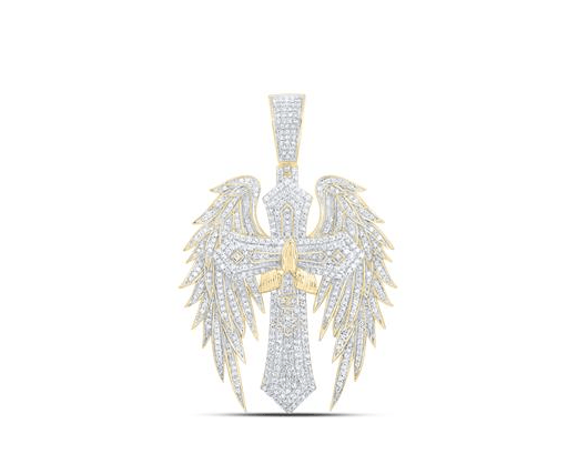 GND Men's Diamond Charm Pendant 10kt Yellow Gold Mens Round Diamond 1 3/4CTW-NAT DIA NK CROSS WINGS MENS CHARM