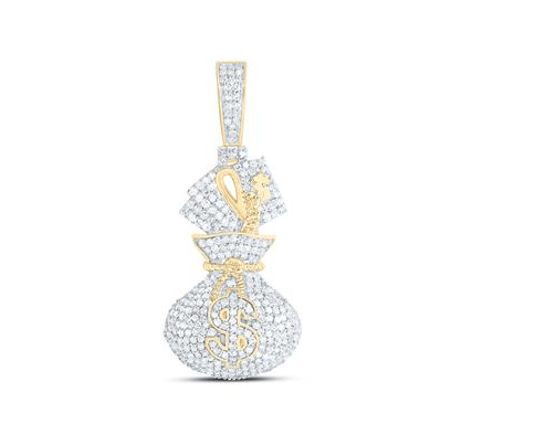 GND Men's Diamond Charm Pendant 10kt Yellow Gold Mens Round Diamond 7/8CTW-NAT DIA NK MONEY BAG DOLLAR MENS CHARM
