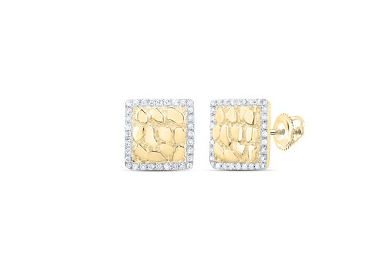 10k Yellow Gold Round Diamond Nugget Square Earrings 1/6 Cttw