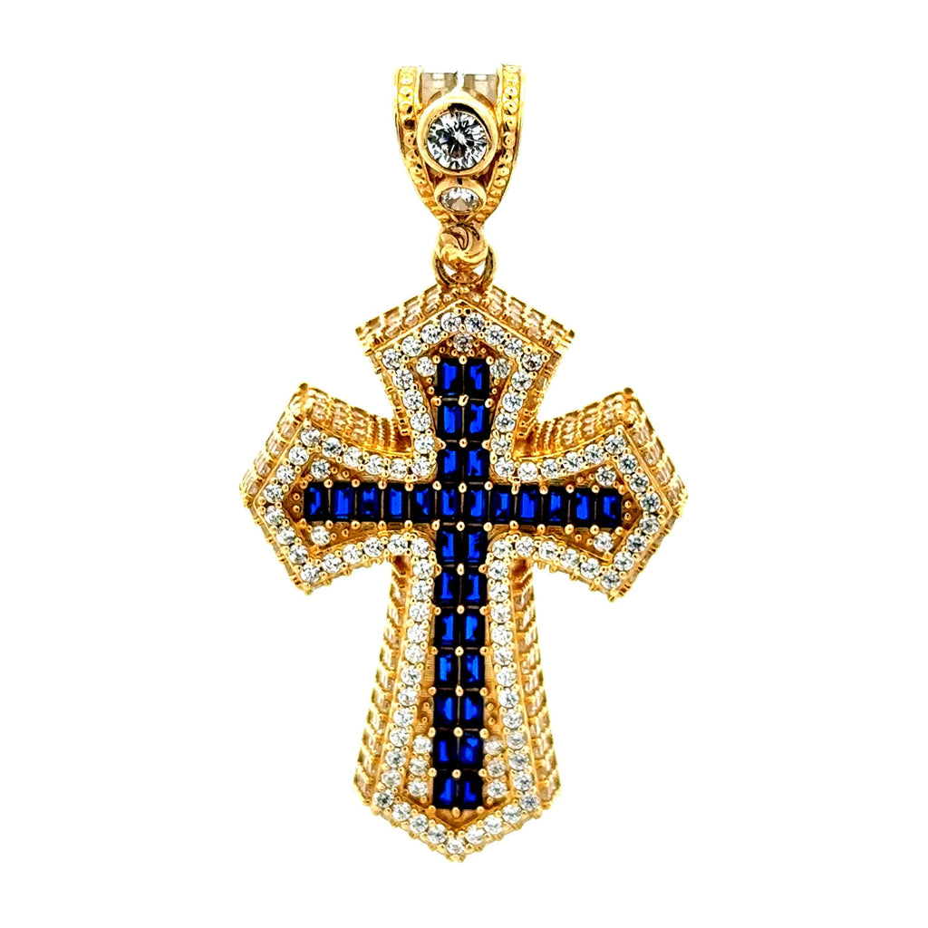 Golden Bull Basic CAL Pendant CZ-Iced Big Blue Pattee Cross 53.5 10K