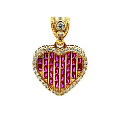 Golden Bull Basic CAL Pendant CZ-Iced with Pink Baguette Stones in Big Heart 31 10K