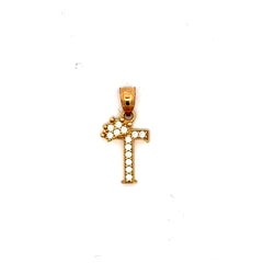 Golden Bull Basic CAL Pendant Pave CZ Crowned Block Initial 'T' 19.5 10K