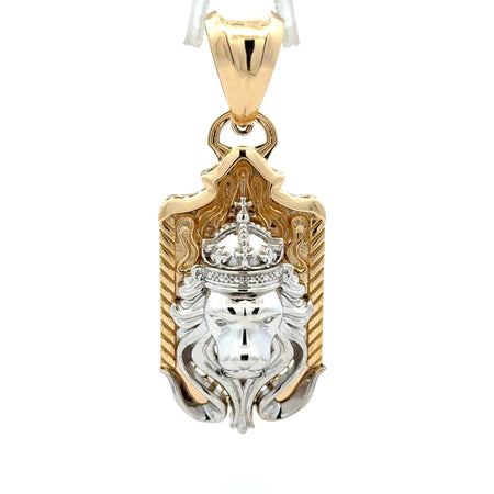 Pendant Two-Tone Lion Head with Crown on Shield 57.5 14K