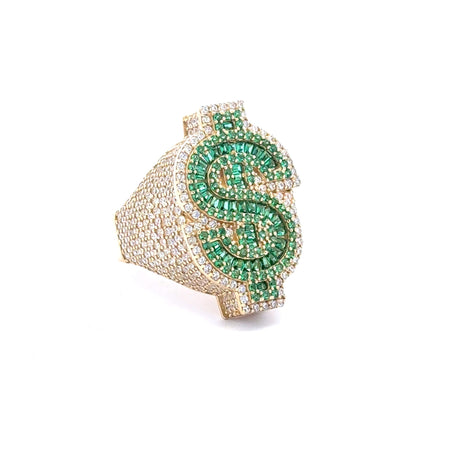 Ring CZ-Iced Big Green Dollar Sign 9.5 4.5mm 10K