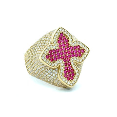 Golden Bull Basic CAL Ring CZ-Iced Big Trefoil Pink Cross 11 4mm 10K