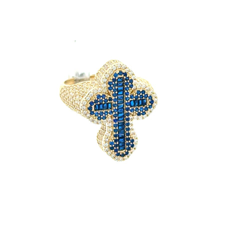 Ring CZ-Iced with Blue Baguette Stones in Trefoil Cross 8.5 3.5mm 10K