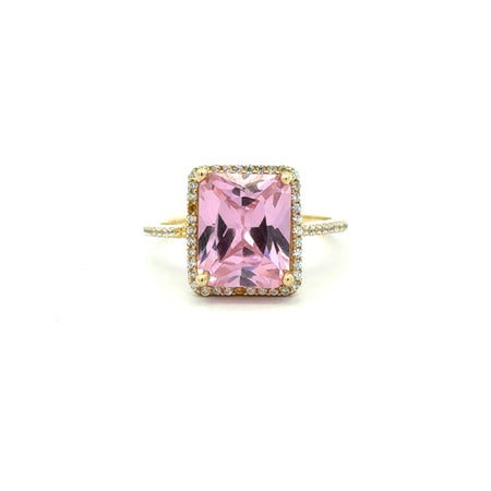 Ring Women Rose Rect Stone and CZ 7 1.5mm 14K