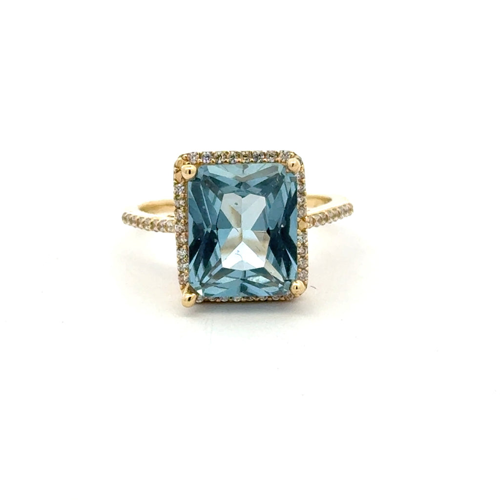 Golden Bull Basic CAL Ring Women Sky Blue Rect Stone and CZ 6.5 1.5mm 14K