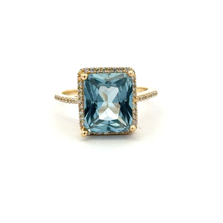 Ring Women Sky Blue Rect Stone and CZ 7.5 2.5mm 14K