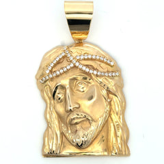 Golden Bull Cuban Pendant Jesus Face with Crown of CZ Thorns 80.5 14K