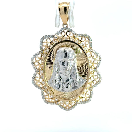 Pendant Two-Tone Openwork Embellished Oval Medallion with CZ & Jesus Face 60 10K