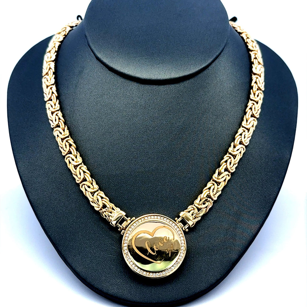 Golden Bull Fancy 25.2 g Necklaces Byzantine w Lock medallion & CZ 7mm 18" 14K