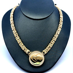 Golden Bull Fancy 25.2 g Necklaces Byzantine w Lock medallion & CZ 7mm 18" 14K
