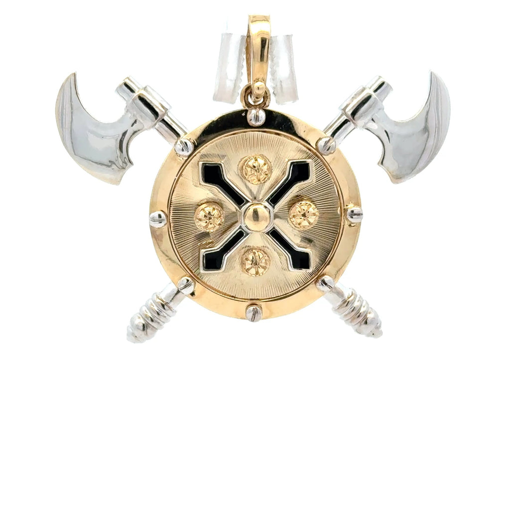 Golden Bull Fancy 5.2 g Pendant Two-Tone Twin Viking Axe Shield 33 10K