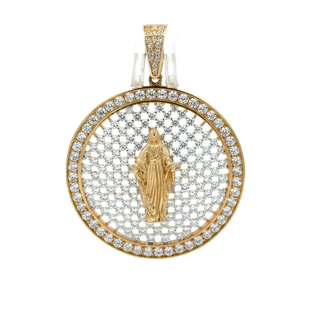 Golden Bull Fancy 9.3 g Pendant ‘La Milagrosa’ on CZ-Iced Openwork Medallion 48 10K