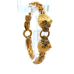 Golden Bull Fancy Bracelet Byzantine with Animal Heads & CZ on Ring 7mm 7" 14K