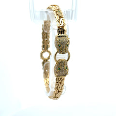 Golden Bull Fancy Bracelet Byzantine with Animal Heads & CZ on Ring 7mm 7" 14K