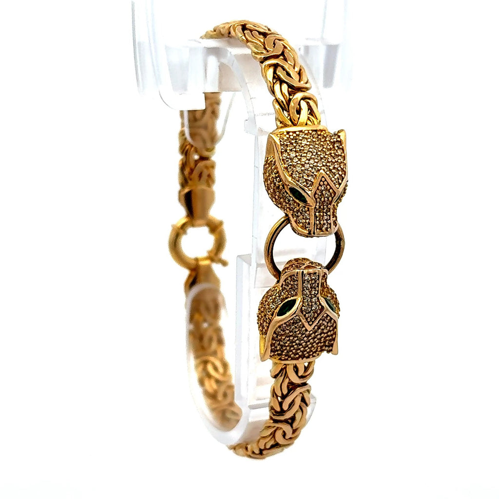 Golden Bull Fancy Bracelet Byzantine with Animal Heads & CZ on Ring 7mm 7.5" 14K