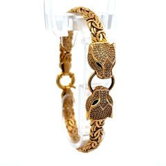 Golden Bull Fancy Bracelet Byzantine with Animal Heads & CZ on Ring 7mm 7.5" 14K