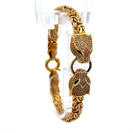 Bracelet Byzantine with Animal Heads & CZ on Ring 7mm 7.5" 14K