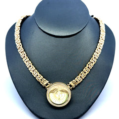 Golden Bull Fancy Necklaces Byzantine w Lock medallion & CZ 7mm 18" 14K