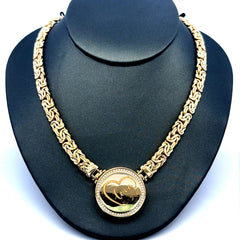 Golden Bull Fancy Necklaces Byzantine w Lock medallion & CZ 7mm 18" 14K