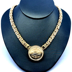 Golden Bull Fancy Necklaces Byzantine w Lock medallion & CZ 7mm 18" 14K