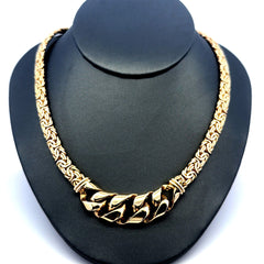 Golden Bull Fancy Necklaces Byzantine with Central Detail 15mm 18" 14K