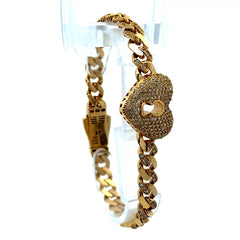 Golden Bull Fancy OR.ST Bracelet Monaco CZ-Half Iced w Lock in Pavé Heart 7mm 7.5" 14K