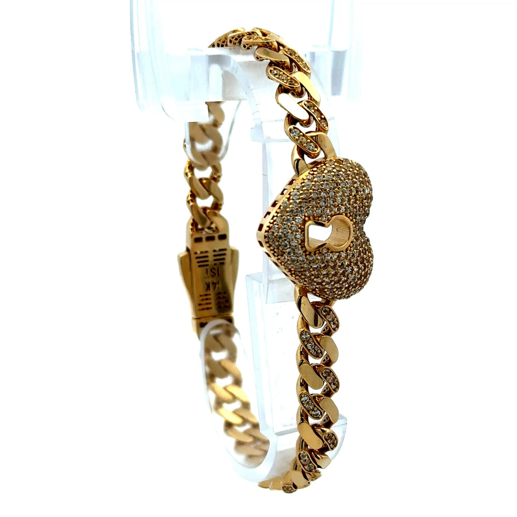 Golden Bull Fancy OR.ST Bracelet Monaco CZ-Half Iced w Lock in Pavé Heart 7mm 7.5" 14K
