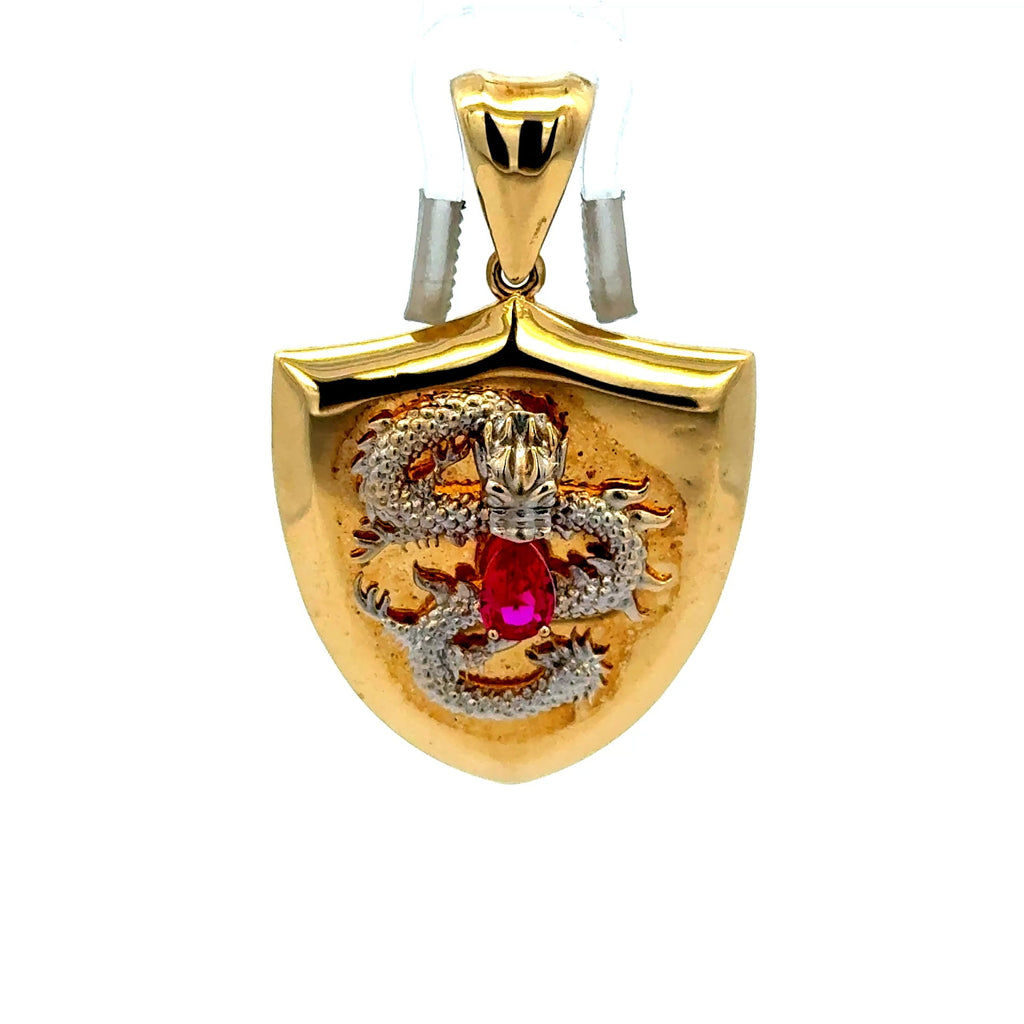 Golden Bull Fancy Pendant Dragon on Shield Two-Tone 41 14K