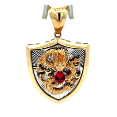 Golden Bull Fancy Pendant Dragon on Shield Two-Tone 52 14K