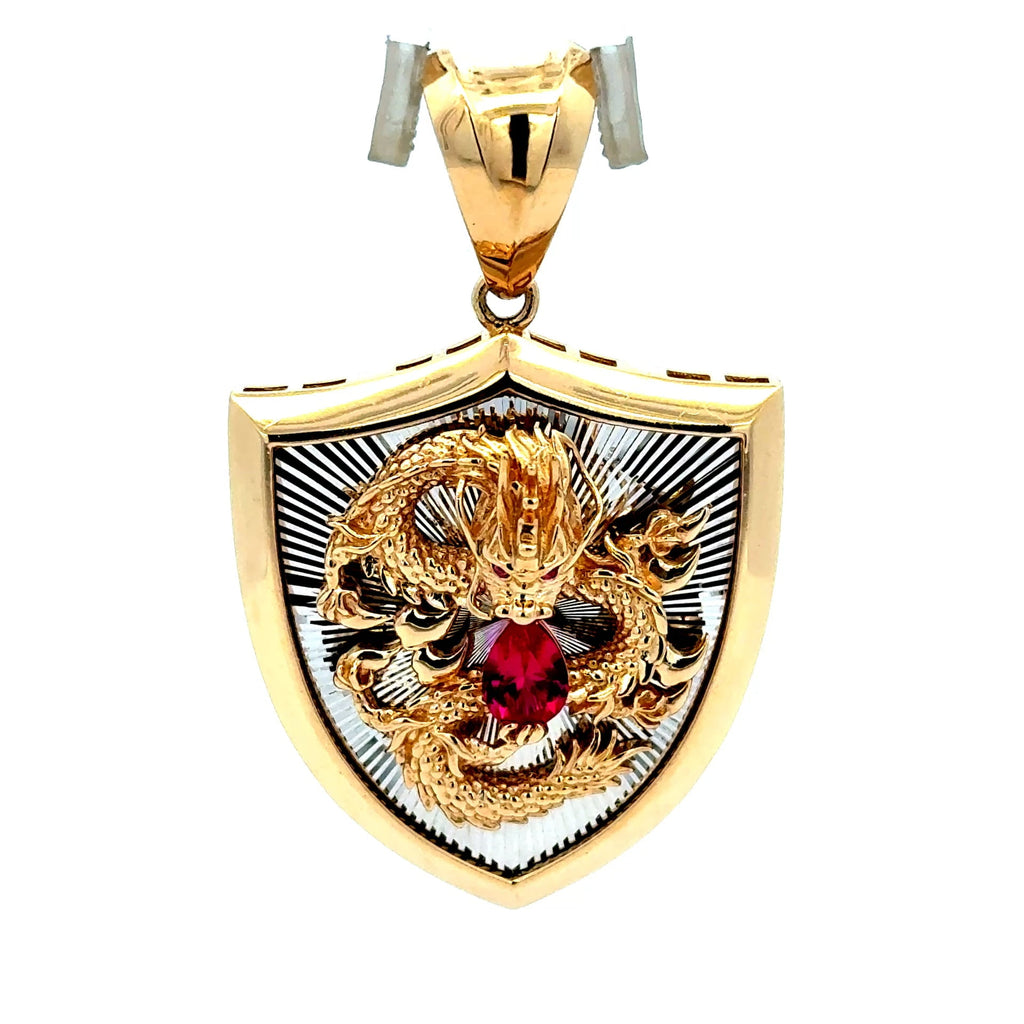 Golden Bull Fancy Pendant Dragon on Shield Two-Tone 52 14K