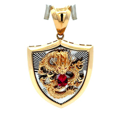 Golden Bull Fancy Pendant Dragon on Shield Two-Tone 52 14K