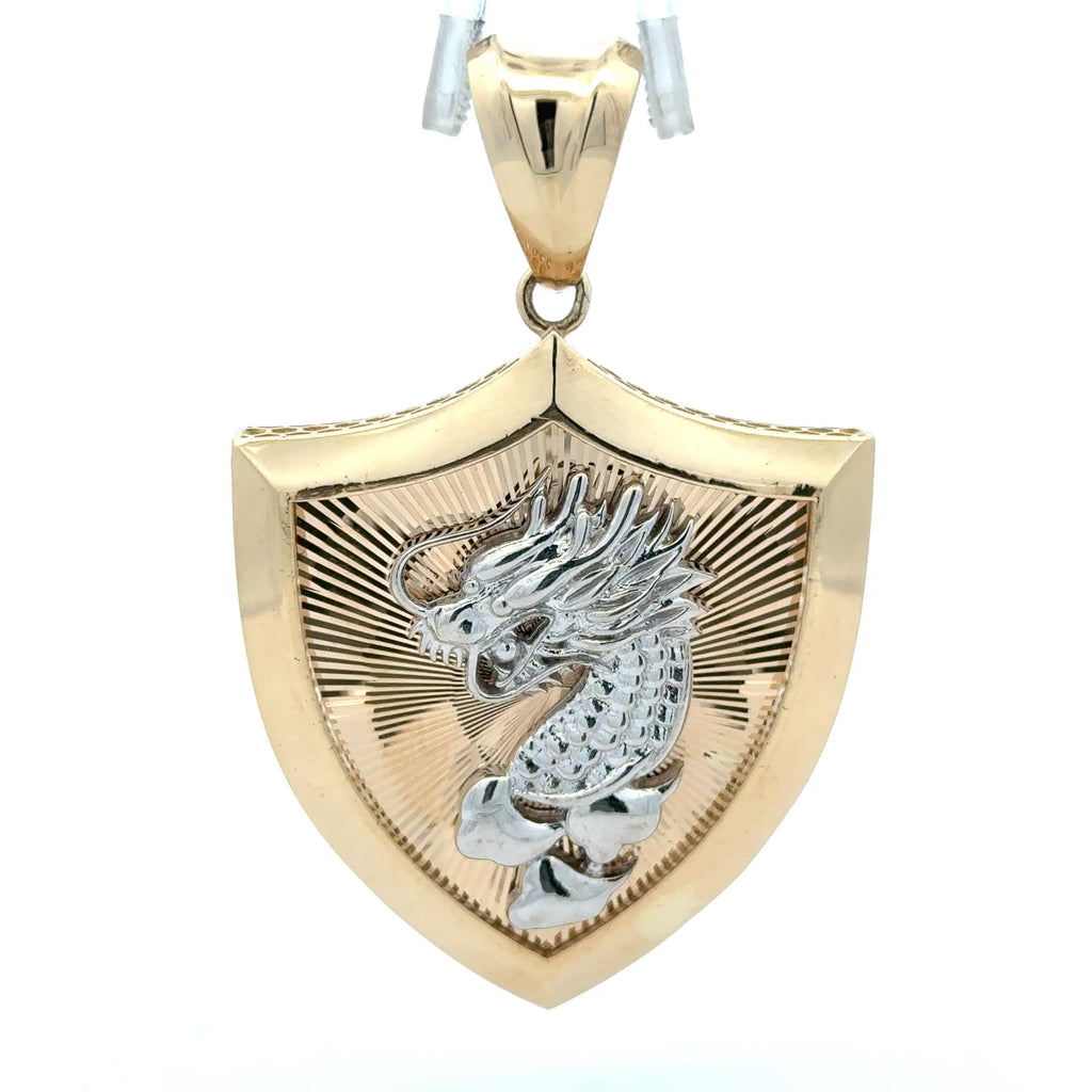 Golden Bull Fancy Pendant Dragon on Shield Two-Tone 60 14K