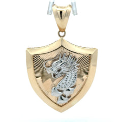 Golden Bull Fancy Pendant Dragon on Shield Two-Tone 60 14K