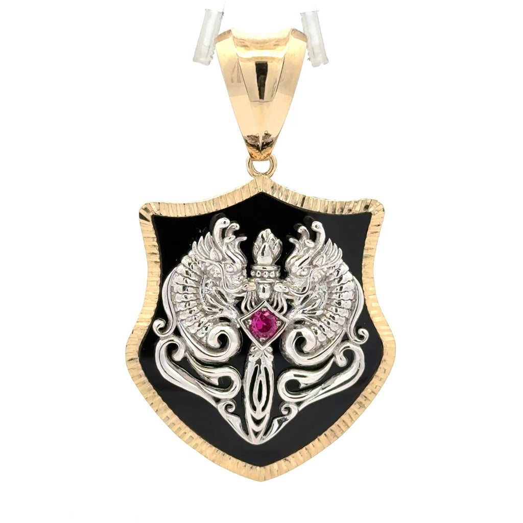 Golden Bull Fancy Pendant Dragons & Sword on Onyx Shield 55 14K