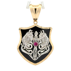 Golden Bull Fancy Pendant Dragons & Sword on Onyx Shield 55 14K
