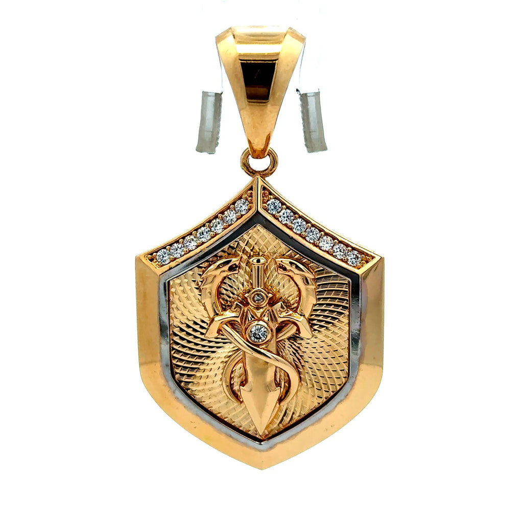 Golden Bull Fancy Pendant Dragons & Sword on Shield with CZ 51 14K