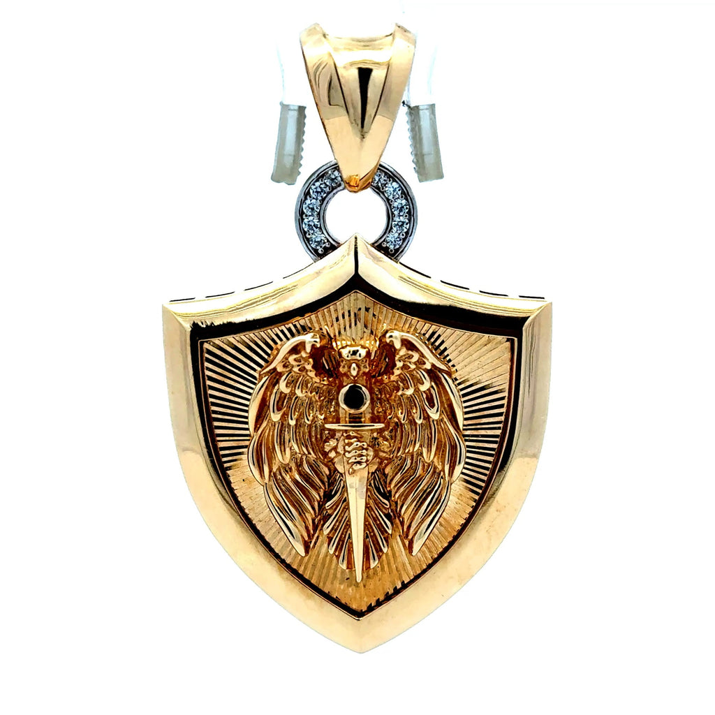 Golden Bull Fancy Pendant Eagle with Sword Shield and CZ 57.5 14K