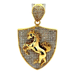 Golden Bull Fancy Pendant Horse on CZ-Iced Shield 53.5 14K