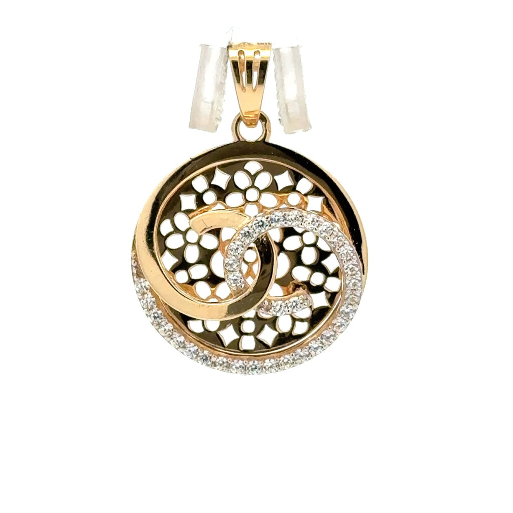 Golden Bull Fancy Pendant Interlocking Loop Filigree Medallion with CZ 26.5 14K