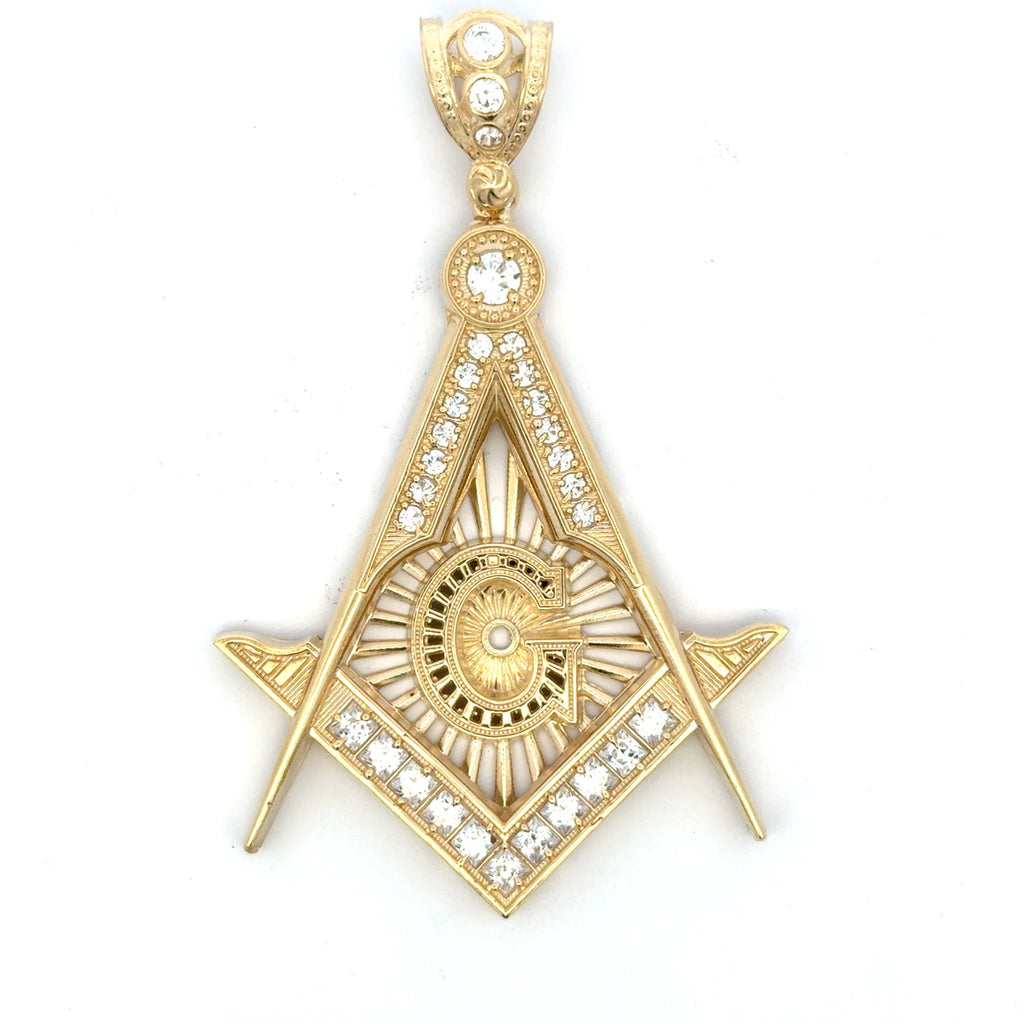 Golden Bull Fancy Pendant Masonic Square & Compass with CZ 32.5 10K