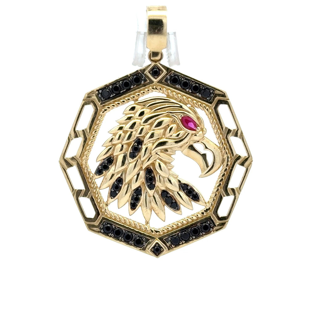 Golden Bull Fancy Pendant Red-Eyed Eagle’s Head in Openwork Medallion with Black CZ 50.5 14K