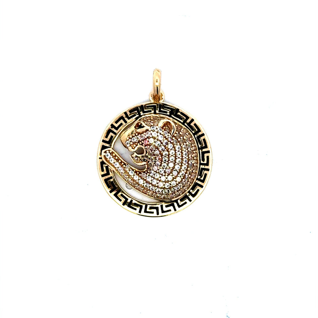 Golden Bull Fancy Pendant Round Outgoing CZ-Iced Panther's Head 29 10K