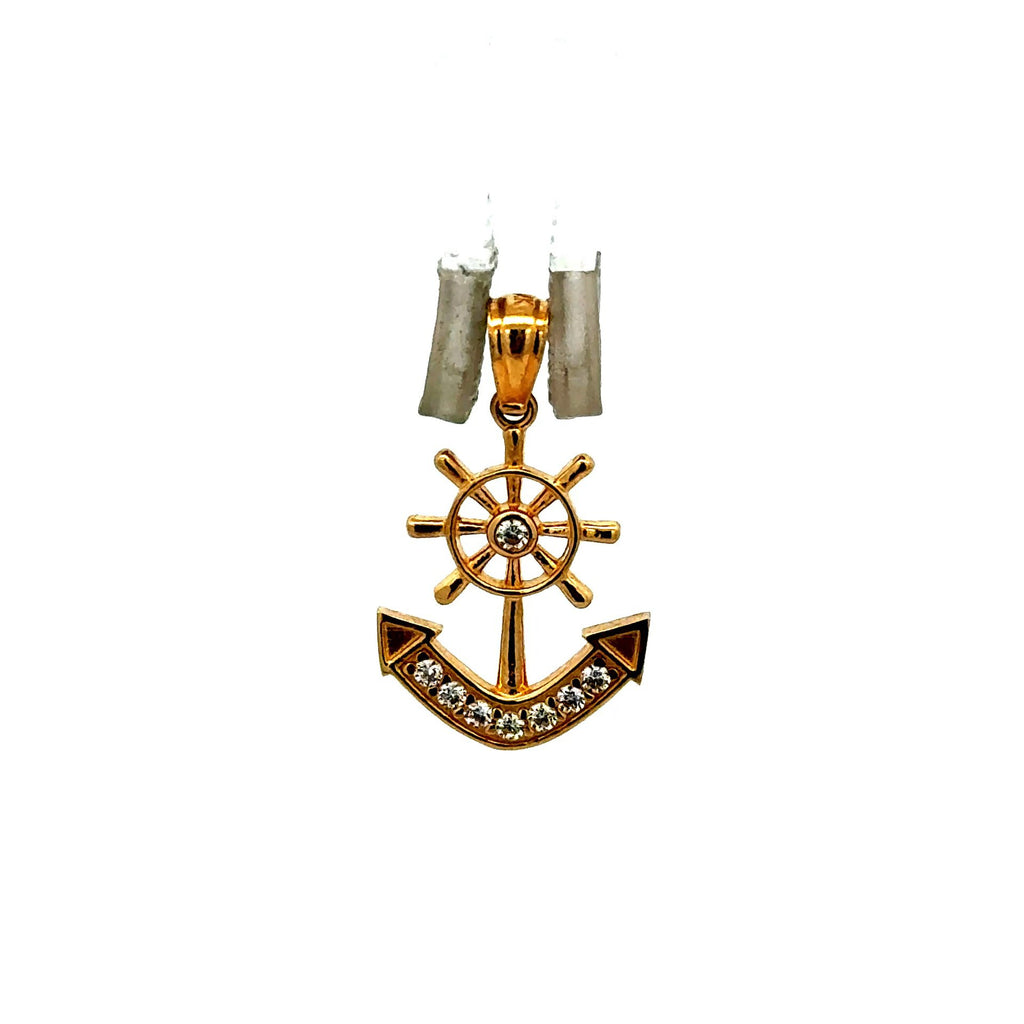 Golden Bull Fancy Pendant Ship’s Wheel with CZ & Anchor 20.5 14K